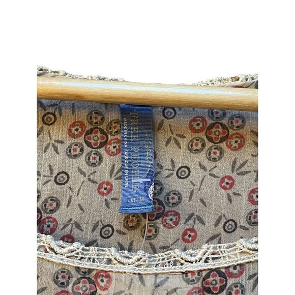 Vintage Free People M Calico Print Sheer Blouse Lace Trim Beige - Picture 3 of 7